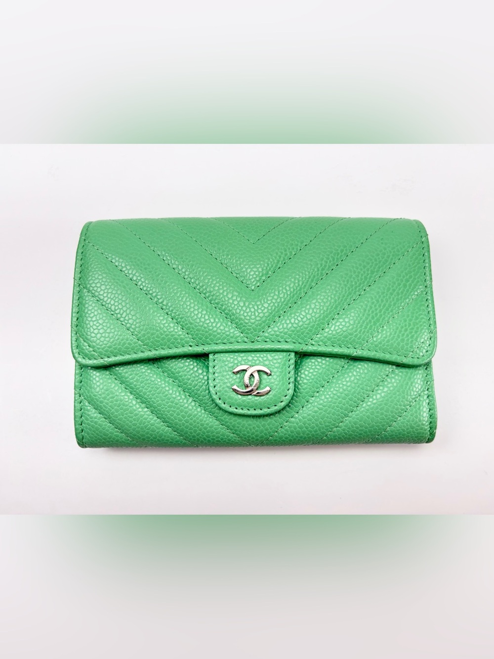 CHANEL Green Quilted Chevron Wallet